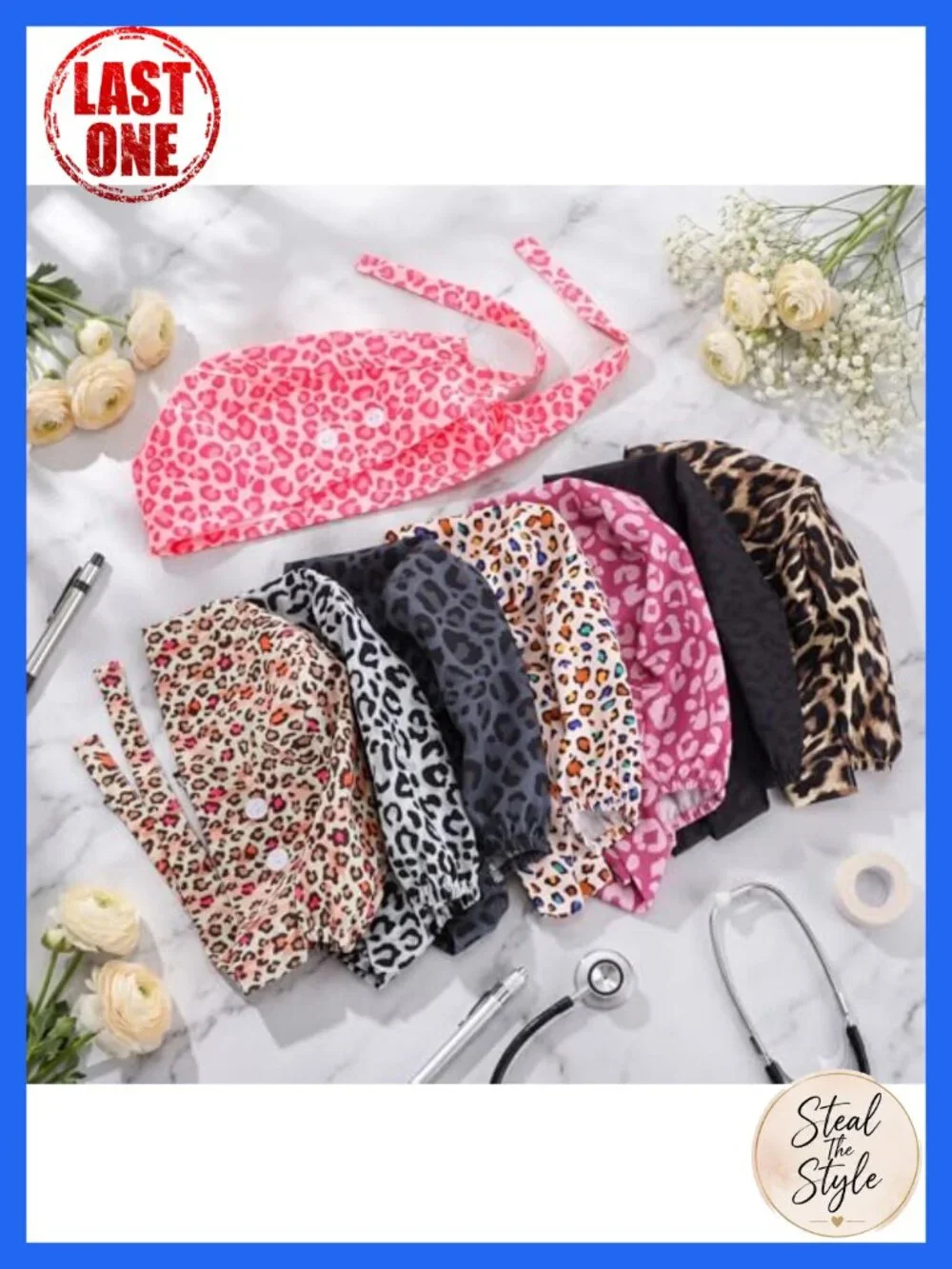 8 Pc Cotton Nurse Scrub Cap Set with Ear Buttons Sweatband